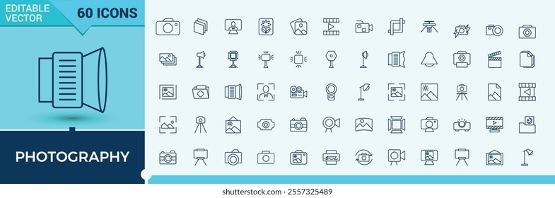 Photography icon set. It contains symbols to photographer, phone, selfie, no, photo, tripod and more. Modern thin icons. Editable vector icon and illustration.