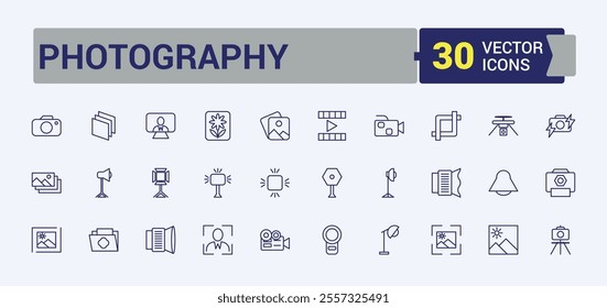 Photography icon set. It contains symbols to photographer, phone, selfie, no, photo, tripod and more. Modern thin icons. Editable vector icon and illustration.