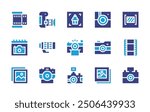 Photography icon set. Duotone color. Vector illustration. Containing instagram, photography, film, filmstrip, framing, telephoto, automatic, dslr, instantphotos.