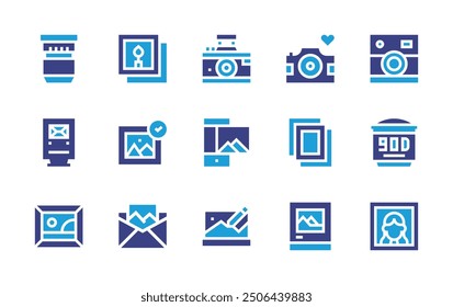 Photography icon set. Duotone color. Vector illustration. Containing photos, flash, gallery, picture, imageediting, camera, lens, email, photocamera.