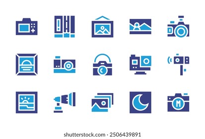 Photography icon set. Duotone color. Vector illustration. Containing photography, photocamera, picture, painting, control, actioncamera, camera, photobooth.