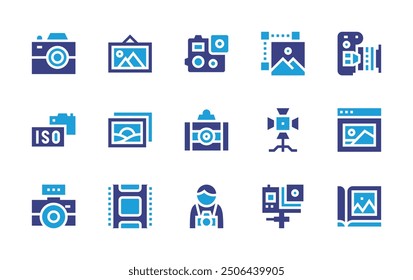 Photography icon set. Duotone color. Vector illustration. Containing photographer, iso, photography, actioncamera, camera, picture, film, photocamera, spotlight, photos.