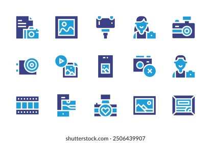 Photography icon set. Duotone color. Vector illustration. Containing photocamera, delete, image, filmstrip, picture, gallery, motion, selfiestick, actioncamera, photographer.