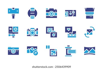 Photography icon set. Duotone color. Vector illustration. Containing photography, blackandwhite, panorama, camera, picture, switch, actioncamera, filmreel, refreshdata.