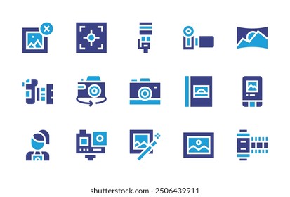 Photography icon set. Duotone color. Vector illustration. Containing photoediting, camera, photographer, image, album, rotatecamera, actioncamera, cameraroll, socialmedia.