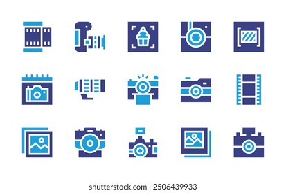 Conjunto de iconos de Fotografía. Color duotono. Ilustración vectorial. Contiene instagram, Fotografía, película, filmstrip, encuadre, telefoto, automatic, dslr, instantphotos.