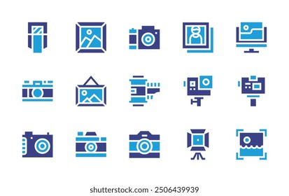 Photography icon set. Duotone color. Vector illustration. Containing flash, photocamera, camera, photos, picture, landscape, actioncamera, spotlight, cameraroll.