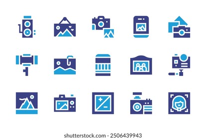 Photography icon set. Duotone color. Vector illustration. Containing exposure, photography, nft, picture, lens, framing, attached, actioncamera, photocamera, gallery.