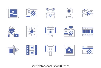 Photography icon set. Duotone style line stroke and bold. Vector illustration. Containing reel, contrast, selfie, camera, stabilizer, award, automatic, photo, photographer, picture.