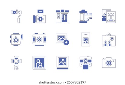 Photography icon set. Duotone style line stroke and bold. Vector illustration. Containing stabilizer, film, camera, photobooth, images, photocamera, filesandfolders, picture, gallery, vintage, lightni