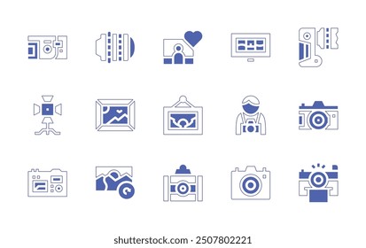 Photography icon set. Duotone style line stroke and bold. Vector illustration. Containing photographer, photocamera, camera, image, painting, spotlight, instantphotos, refreshdata.