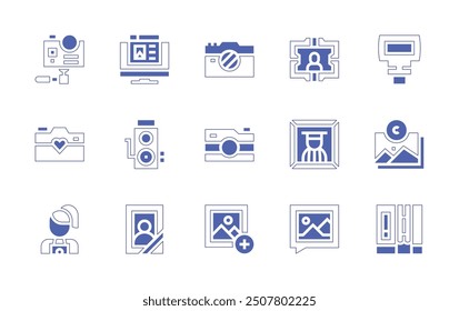 Photography icon set. Duotone style line stroke and bold. Vector illustration. Containing photocamera, photo, portrait, add, camera, photographer, picture, frame, actioncamera.