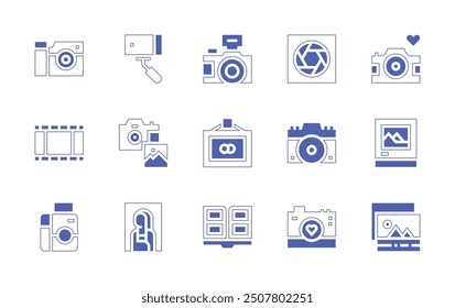 Photography icon set. Duotone style line stroke and bold. Vector illustration. Containing film, photography, monalisa, camera, selfie, photoalbum, camerashutter, pictureframe, instantcamera.