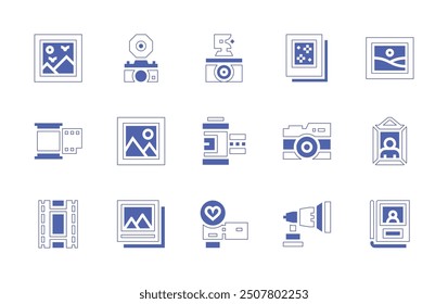 Conjunto de iconos de Fotografía. Estilo duotono trazo de línea y negrita. Ilustración vectorial. Contiene cámara, Imagen, película, rollo de película, imagen, Fotos, flash, reflector, álbum.