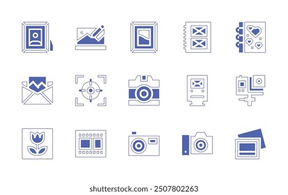 Photography icon set. Duotone style line stroke and bold. Vector illustration. Containing actioncamera, negative, flash, camera, centerfocus, pictures, macro, email.