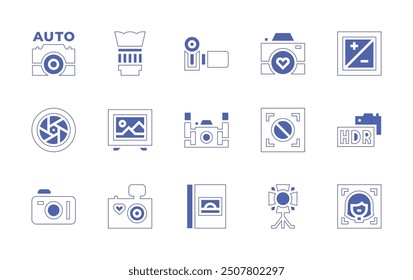 Photography icon set. Duotone style line stroke and bold. Vector illustration. Containing underwatercamera, lens, auto, album, image, spotlight, camera, autofocus, videocamera.