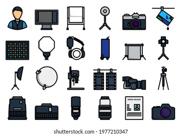 Photography Icon Set. Editable Bold Outline With Color Fill Design. Vector Illustration.