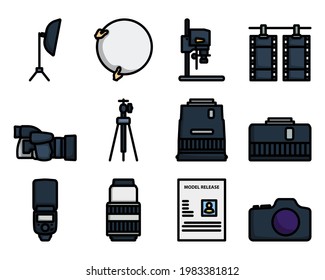 Photography Icon Set. Editable Bold Outline With Color Fill Design. Vector Illustration.