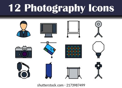 Photography Icon Set. Editable Bold Outline With Color Fill Design. Vector Illustration.