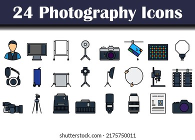 Photography Icon Set. Editable Bold Outline With Color Fill Design. Vector Illustration.