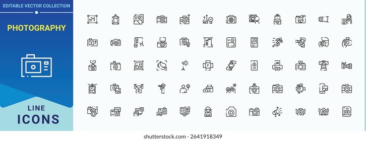 Photography icon set. Editable stroke. Vector collection. Photographer modern icon set. Includes symbols for photograph, camera, photographer, cam and more.