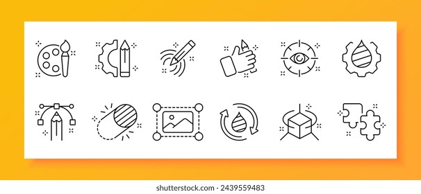 Photography icon set. Editing, pencil, puzzle, palette, brush, cropping, selfie, color, brush. Black icon on a white background. Vector line icon for business and advertising