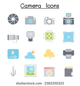 Photography icon set in flat color style