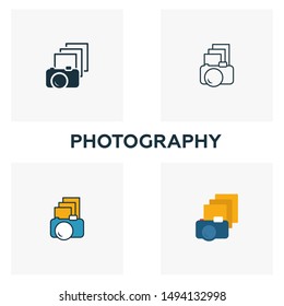 Photography icon set. Four elements in diferent styles from design ui and ux icons collection. Creative photography icons filled, outline, colored and flat symbols.