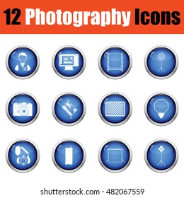 Photography icon set.  Glossy button design. Vector illustration.