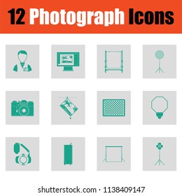 Photography icon set. Green on gray design. Vector illustration.