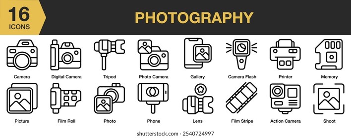 Photography icon set. Includes action camera, flash, digital, film roll, gallery, and More. Outline icons vector collection.