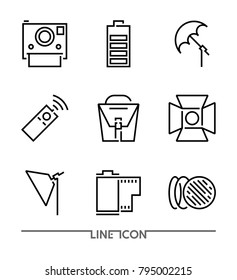 Photography icon set; Multimedia flat thin line Icons vector; Camera Accessories