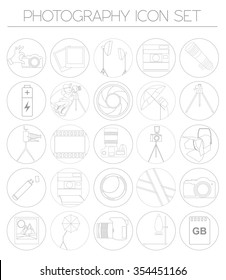 Photography icon set with photo, camera equipment. Outline version. Vector illustration