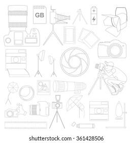 Photography icon set with photo, camera equipment. Outline version. Vector illustration