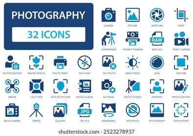 Symbolsatz für Fotografie. Foto, Fotograf, Bild, Selfie, Kamera.