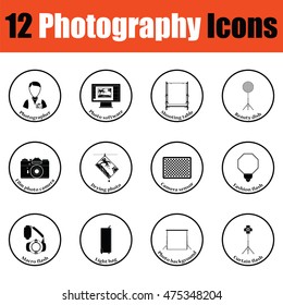 Photography icon set.  Thin circle design. Vector illustration.