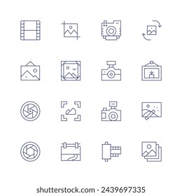 Photography icon set. Thin line icon. Editable stroke. Containing switch, crop, picture, frame, imagecorrection, landscape, images, photography, filmroll, film, lens, aperture.