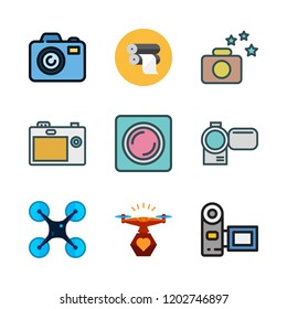 photography icon set. vector set about lens, photo camera, camcorder and photograph icons set.