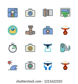 photography icon set. vector set about camcorder, stopclock, drone and photo icons set.
