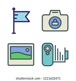 photography icon set. vector set about camcorder, photo camera, flag and photo icons set.