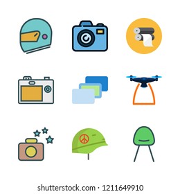photography icon set. vector set about helmet, modern chair, paper roll and photograph icons set.
