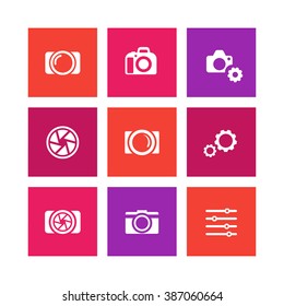 photography icons, camera, aperture, photography signs, camera pictograms, square icons set, vector illustration