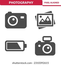 Photography Icons. Camera, photo, picture, battery, DSLR vector icon set.