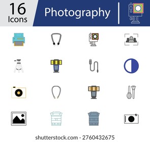 Photography Icons Complete Set – Camera, Lens, Flash and Photo Studio Vector Collection