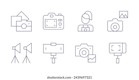 Fotografiesymbole. Bearbeitbarer Strich. Enthaltend Fotograf, Fotografie, Scheinwerfer, Selfiestick, Kamera, Selfie.