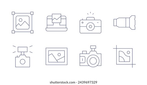 Iconos de fotografía. Trazo editable. Conteniendo escala, cámaras, flash de cámara, imagen, fotografía, cámara.