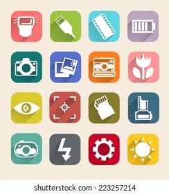 Photography icons with long shadow, camera flat icons vector