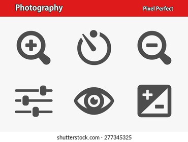 Photography Icons. Professional, pixel perfect icons optimized for both large and small resolutions. EPS 8 format. Designed at 32 x 32 pixels.