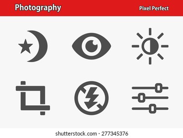 Photography Icons. Professional, pixel perfect icons optimized for both large and small resolutions. EPS 8 format. Designed at 32 x 32 pixels.