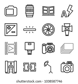 Photography icons. set of 16 editable outline photography icons such as camera, soft box, camera shutter, studio umbrella, photo album, light exposure, auto flash, photos